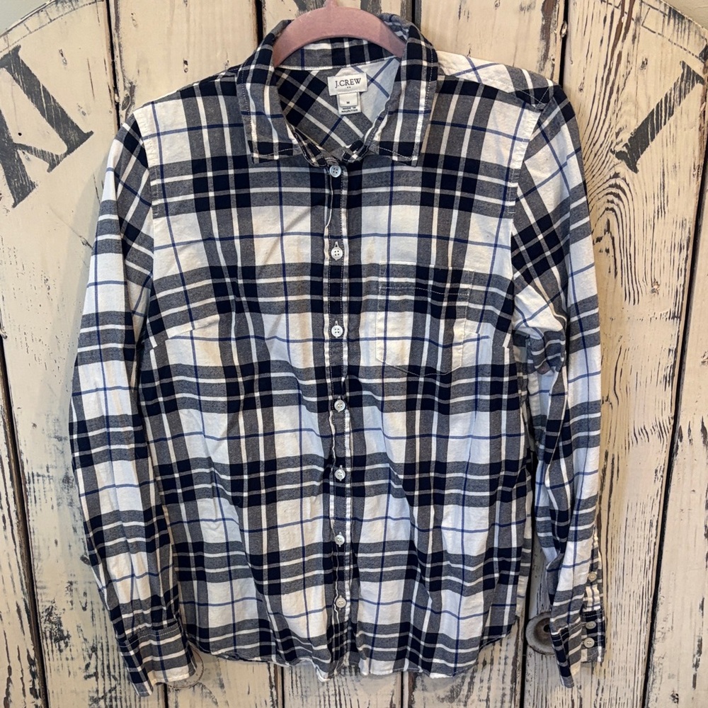J. Crew Women's Navy and White Plaid Button Down Shirt